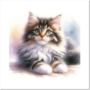 Domestic Long Hair Watercolor Kitten - Cute Kitties Posters and Art